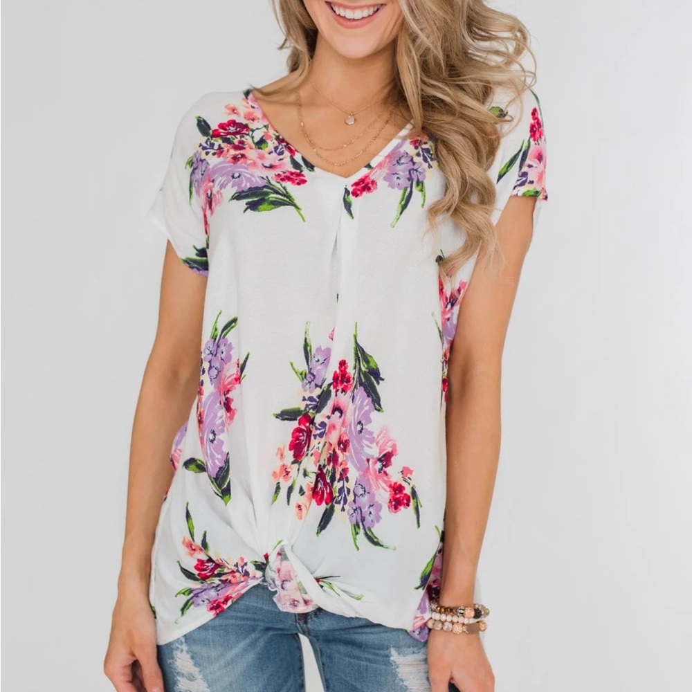 Ivory Floral Twist Front Short Sleeve Top M‎ - Picture 14 of 14